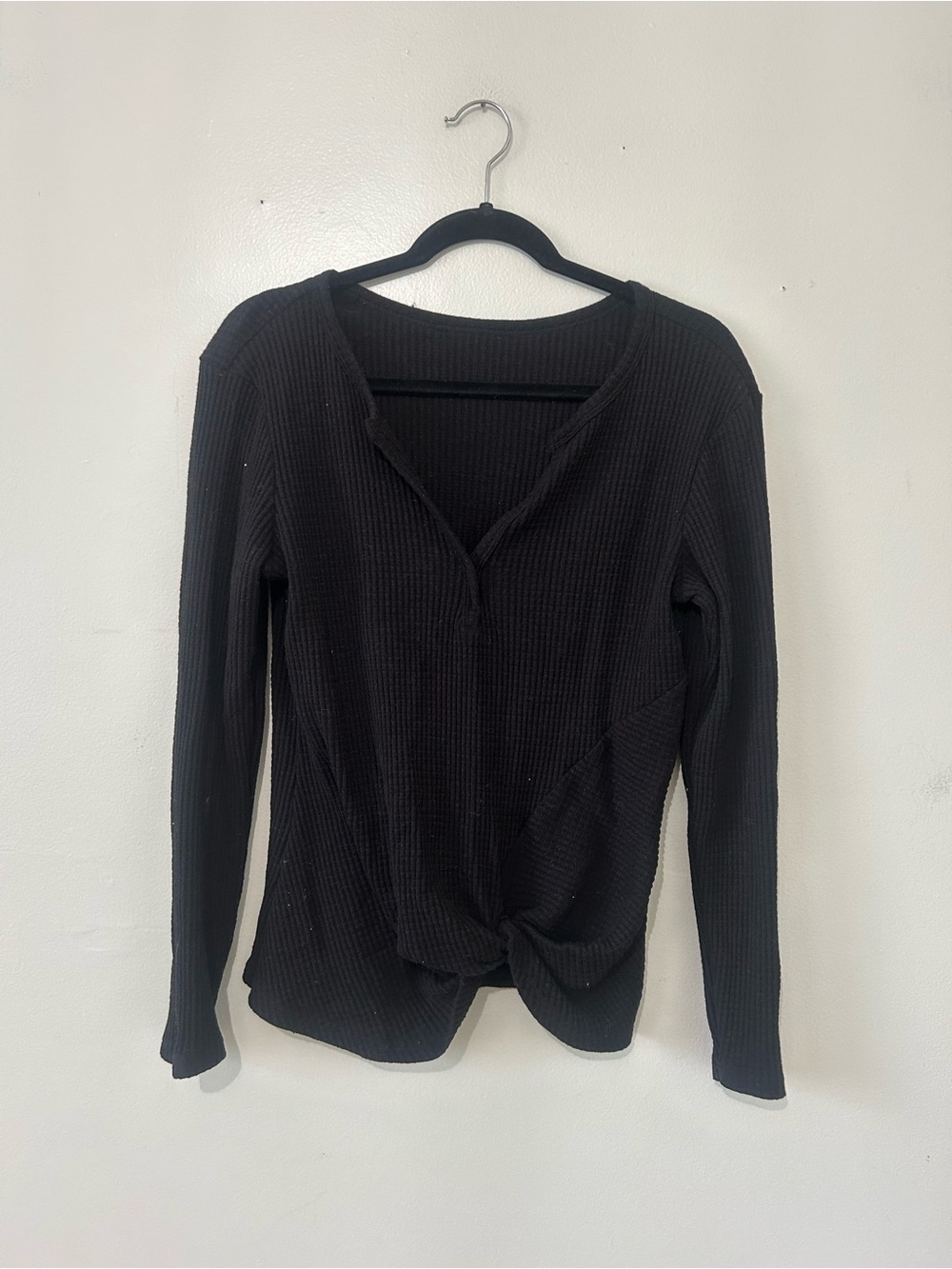 Black Ribbed Knot-Front Long Sleeve Top, Size Medium